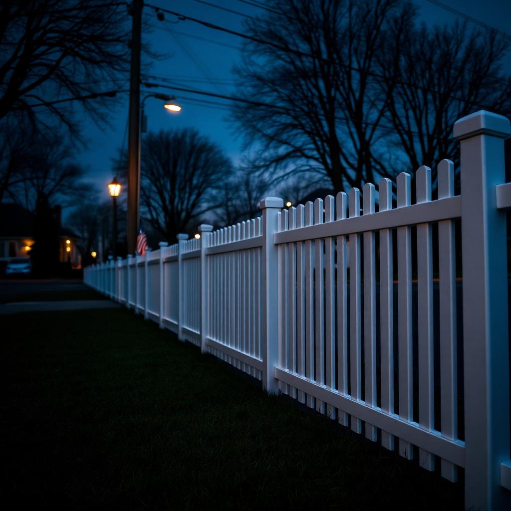 Long Island neighborhood at dusk with a Magistrale white vinyl fence